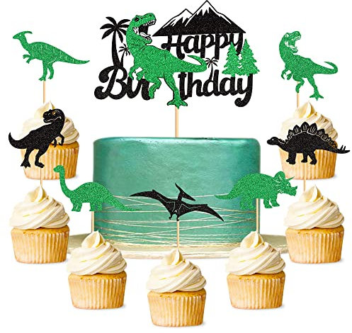 Blumomon 15Pcs Dinosaur Cupcake Toppers and 1Pcs Dinosaur Birthday Cake Topper Glitter Roar Dinosaur Cupcake Picks Baby Shower Decorations for Kids Birthday Babyshower Party Supplies