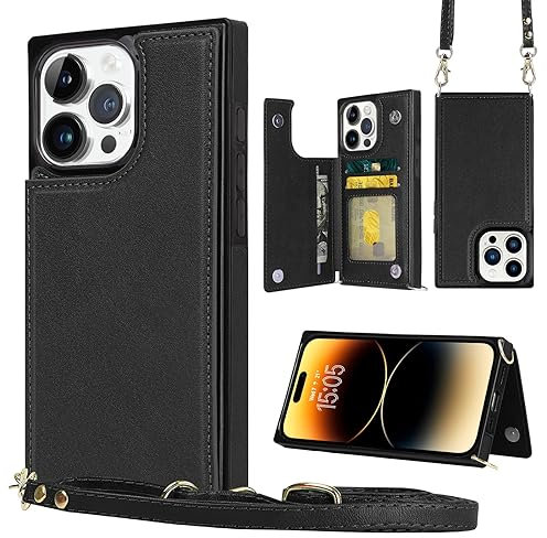 YINLAI für iPhone 15 Pro Hülle Leder mit und Tasche, Handyhülle iPhone 15 Pro mit Kette und Wallet Klapphülle zum Umhängen Cover Case mit extra Kreditkartenfach für iPhone 15 Pro 6,1 Zoll,Schwarz