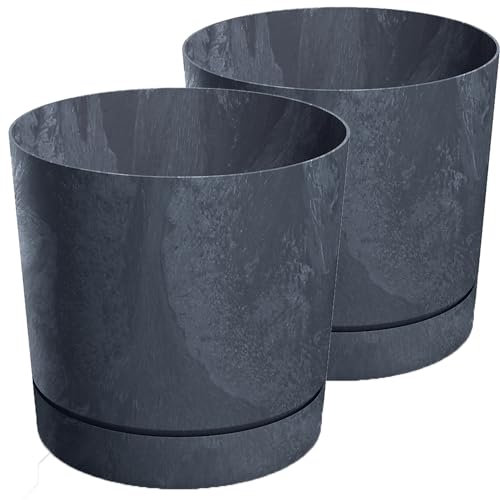Tymar Blumentopf mit Untersetzer, 2er-Pack, dekorativer Pflanzentopf aus Kunststoff, Moderne, Runde Form, für Innenräume (ø 40 cm, (2pack) BETO Anthrazit)