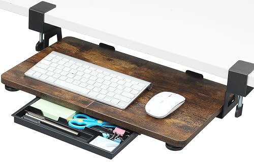 ETHU Under Desk Keyboard Tray with C-Clamp, Adjustable 50×30cm Pull-out Keyboard Drawer for Desk, Retractable Ergonomic Sliding Keyboard Shelf for Home & Office (Walnut)