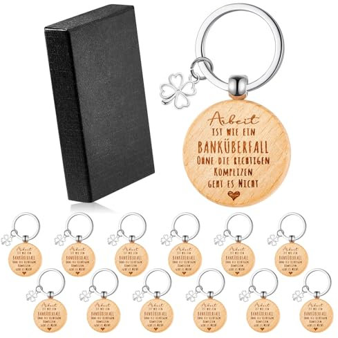 Tenare 12 Schlüsselanhänger für Kollegen mit 12 Geschenkboxen Kollegin Abschiedsgeschenk Arbeit Ist Wie Ein Banküberfall Holz Schlüsselanhänger Dankeschön Geschenke für Arbeitskollegen Ruhestand