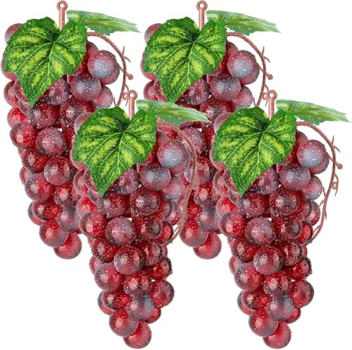 SYOZPXY 4 Bunches Fake Red Grapes, Plastic Lifelike Grape Decorations