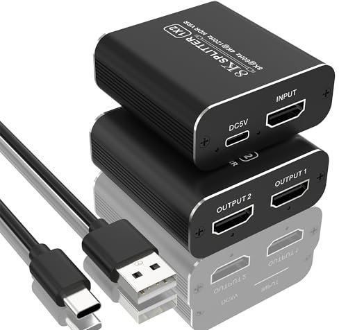 8K HDMI Splitter 1 in 2 Out HDMI2.1 Splitter 1x2-8K@60Hz 4K@120Hz HDMI Duplicator Copy Display with 48Gbps, Dynamic HDR, VRR Mode, for Game Xbox PS5 PS4 PC Roku Fire TV