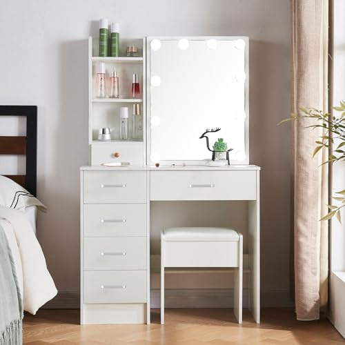 Saimeihome Schminktisch mit Spiegel und Hocker, Frisiertisch mit Beleuchtung in 3 Lichtmodi, Kosmetiktisch mit 6 Schubladen & 6 Fächern für Schlafzimmer -80x36x130cm