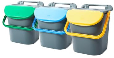 Avilia Sistema de recogida selectiva con 3 cubos de basura apilables de 30 l – Cestas con tapas de colores, para cocina, con asas integradas, de plástico, 38 x 39 x 25 cm