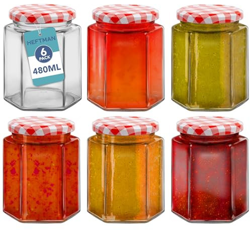 HEFTMAN Small Glass Jars with Lids - 6 Pack Airtight 480ml Jam Jars with Red Gingham Lids for Use as Pickling Jars, Glass Jars for Candle Making, Preserving Jars - Hexagonal Small Jars (Empty)
