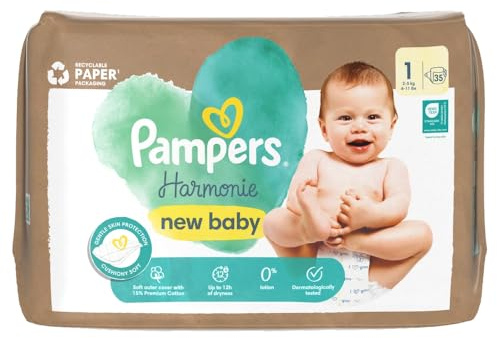 Pampers Harmonie Baby Windeln, Größe 1, 35 Stück, 2kg-5kg, Schutz empfindlicher Haut und Inhaltsstoffe pflanzlichen Ursprungs bei Berührung mit der Haut des Babys