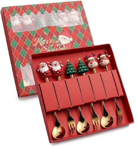 FülleMore 6 Stück Gold Weihnachtsbesteck Set,Edelstahl Weihnachtskaffeelöffel und Weihnachtsgabeln Partybesteck 3xKaffeelöffel 3xKuchengabel (Weihnachtsmann+Elch+Rund-Weihnachtsbaum)