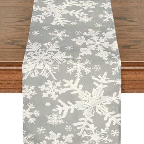 ZYKORT Tischläufer Winterlich, Grau Schneeflocke, 183 × 33cm Graue Winter Tischdecke, Tischdeko Tischband für Weihnachten Party, Modern Leinen (Grau)