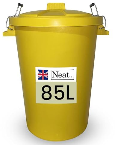 Neat. Extra Large Plastic Dustbin with Clip Locking Lid - Heavy Duty Garden Bin for Rubbish, Recycling, Animal Feed, and Storage, 85 Litre, Yellow, Pack of 3