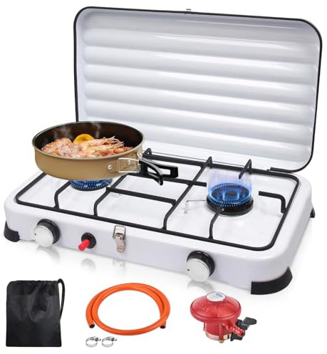 Réchaud à Gaz GPL de Camping Portable à 2 Feux, 4,4kW, Allumage Automatique avec Tuyau PVC 150 cm et Régulateur de 37 mbar, Couvercle Amovible – Idéal pour Camping, Pêche, Randonnée et BBQ