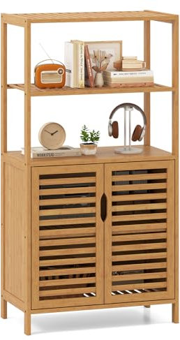 COSTWAY Armoire de Rangement en Bambou, Meuble de Salle de Bain avec 2 Compartiments Ouverts, Placard à 2 Portes Persienne, pour Cuisine, Salon, Bureau, 33 x 60 x 116 cm, Naturel