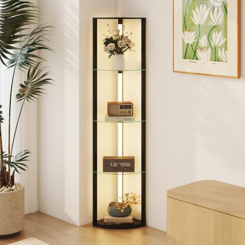 HOMCOM LED Floor Lamp with Shelves, Dimmable, 3 Brightness Levels, Black | Standing Lamp, Foot Switch, Modern Corner Floor Light, for Living Room, Bedroom