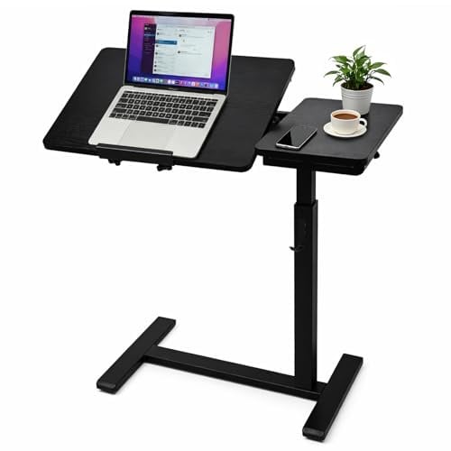 KUKKUME Laptoptisch Beistelltisch Höhenverstellbarer mit Rollen Mobiler Stehpult Schreibtisch Computertisch mit Schublade Getränkehalter Kippbarer Geteilter Oberseite für Büro Sofa Pflegebett Schwarz