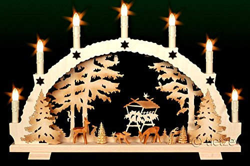 3D Schwibbogen 7 Kerzen 53cm Wildfütterung Rehe geschnitzt Handarbeit Erzgebirge