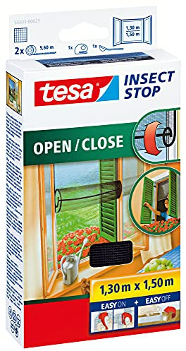 tesa Insect Stop Comfort Fliegengitter für Fenster/Insektenschutz mit Selbstklebendem Klettband in Anthrazit/100 cm x 100 cm + 1 Rolle Fliegenfänger Gratis (100 cm x 100 cm/8er Pack, Anthrazit)
