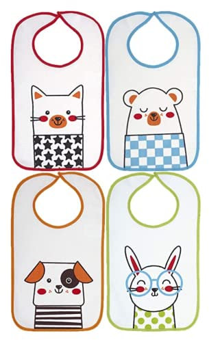Ti TIN |4er Pack- wasserdichte, Babylätzchen, 25x35cm | Lätzchen für Babys von 6 bis 18 Monaten mit Klettverschluss, leicht zu reinigen, 73% Baumwolle, verschiedene Motive