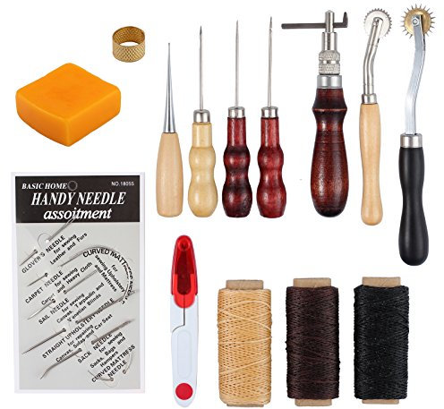 AMTOVL Leather Craft Tool Set, 14PCS Working Tools Kit, Hand Stitching Sewing Thread Awl Thimble for Projects