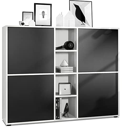 Vladon Highboard Cuba V3, Made in Germany, Weiß matt/Schwarz matt - Moderne Anrichte mit 12 Fächern (130,5 x 105,5 x 35,5 cm)
