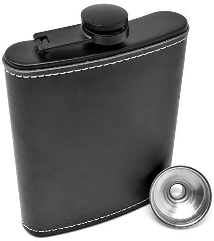 Leder-Flachmann Für Spirituosen 24 cl Edelstahl, Schwarzes Leder, Auslaufsicherer Schwarzer Flachmann Mit Trichter Für Männer Und Frauen
