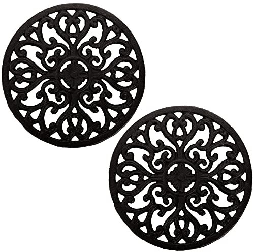 Hedume 2 Pack Cast Iron Trivet, 6.8/17.3cm Cast Iron Round Trivet with Vintage Pattern and Rubber Pegs/Feet for Serving Hot Dish, Pot, Pans and Teapot on Kitchen Countertop or Dinning