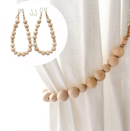 Lot de 2 embrasses de rideaux en corde style bohème avec perles en bois naturel