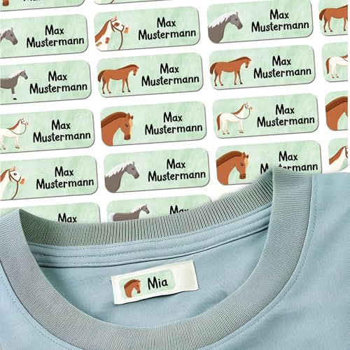 Sunnywall® 37 Selbstklebende Namensschilder & Namensaufkleber für Kleidung & Gegenstände - Waschmaschinenfest | Ideal für Kinder, Schule und Kita (3,8x1,4 cm) Pferde