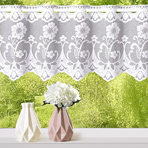 heimtexland ® Scheibengardine Jacquard Blumen Bogen Bordüre Gardine weiß Fensterdekoration Bistrogardine Typ261 HxB 30 x 150 cm