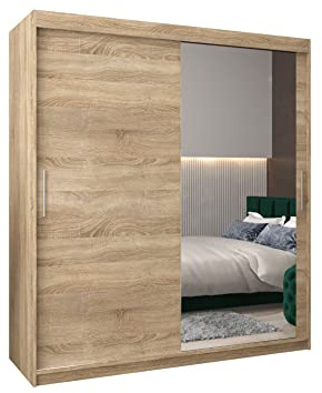 E- MEUBLES Armoire de Chambre avec 2 Portes coulissantes et Miroir, Penderie (Tringle) avec étagères (LxHxP): 200cmx200cmx62cm TORM 2 Chêne Sonoma