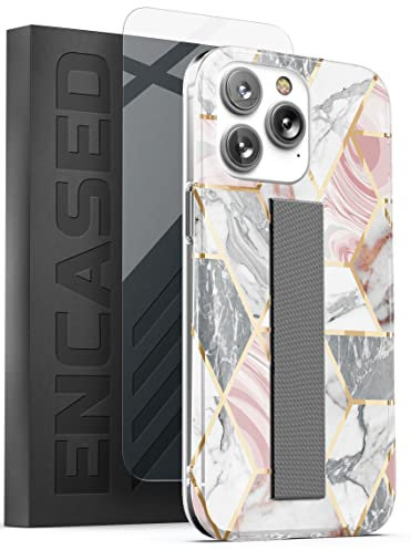 ENCASED Bando Series Designed for iPhone 14 PRO Case with Hand Strap Loop and Screen Protector for Women, Retail Packaging (Marble Design)