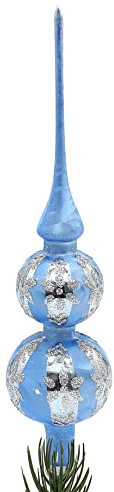 Lauschaer Christbaumschmuck - Christbaumspitze Helllau Eislack mit Glitter Dekor in Silber, Blume, Länge ca. 30 cm