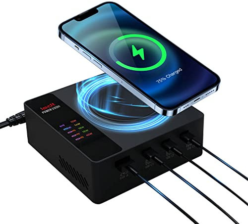 LIMETA 200W USB C Desktop Charging Station: 4-Port USB Block Charger with 100W PD Fast Charging, One Port Wireless Charging, and LCD Display for iPhone, iPad, and Multiple Devices