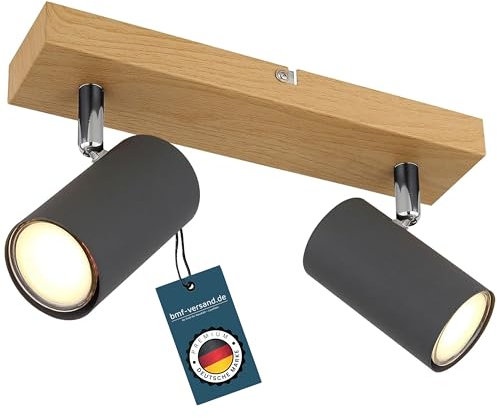 bmf-versand® Deckenstrahler 2 Flammig Schwenkbar Graphit - Deckenleuchte mit 2 Spots Holz Optik - Deckenlampe Wohnzimmer Modern - Strahler Küche Fassung GU10