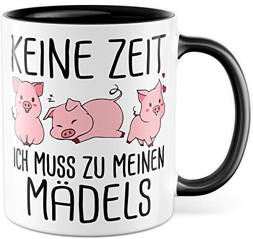 Mädels Tasse Schweinchen lustige Schweine Kaffeetasse Geschenk Kaffee-Becher Schwein süß Geschenkidee Mädchen Kollegin Humor Tante Freundin Cartoon witzig Bäuerin Bauernfrau Ferkel (Weiß/Schwarz)