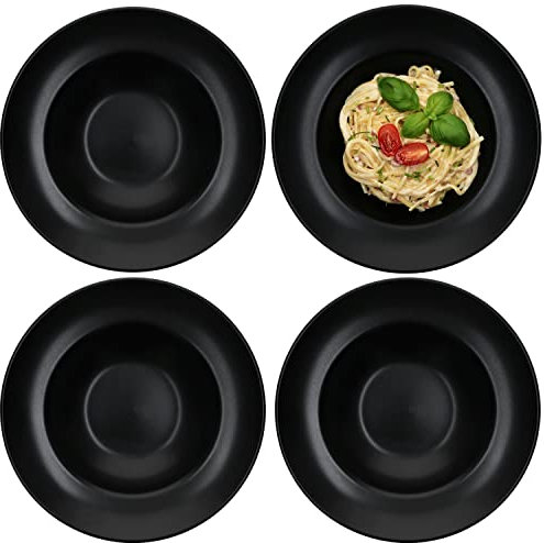 MamboCat Lot de 4 assiettes à pâtes Nero I Noir mat I 400 ml I Ø 27 cm I Assiettes creuses I Faïence I Vaisselle pour présenter les pâtes I Alternative pour soupe, salade, etc