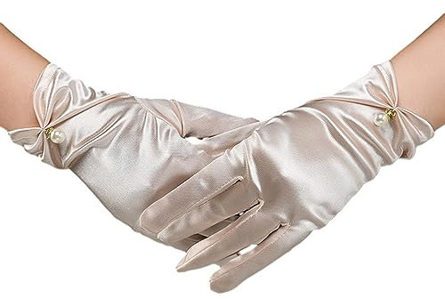 Tainrunse Vintage Style Handschuhe Elegant Vintage Stil Satin Braut Handschuhe mit Plissee Bündchen Kunstperlen Perfekt für Hochzeiten Party Champagner Einheitsgröße