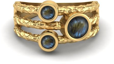 MOONEYE 0,70 Ctw-Runde Labradorit Ring mit geteiltem Schaft, gehämmertes geteiltes Band, 925er-Sterlingsilber, Trio-Stein-Ring Gold Vermeil, 64
