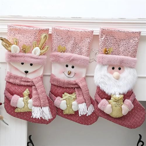 KOOMAL 3 Pack Weihnachtsstrümpfe, Pailletten Rosa Weihnachtssocken für Kamin Dekoration, Leckereien Geschenktüte