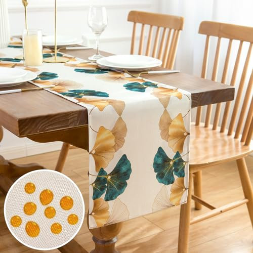 Tischläufer Frühling Tischläufer Modern Wohnzimmer Tischläufer Türkis Gold Grün Ginkgo Biloba Muster Tischläufer Polyester Grüne Tischläufer Küche Esstisch Dekoration für Party Dinner Kommode 33x183