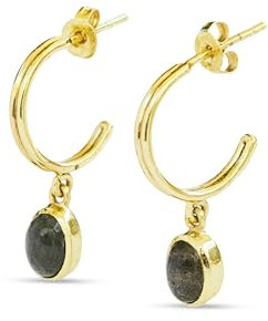 Isla Vurma – Ohrringe mit Labradorit in Messing mit 18K Vergoldung – Minimalistische Creolen mit Naturstein – Eleganter Schmuck für Damen
