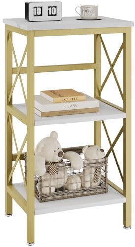 YMYNY Bookcase, 3 Tier Storage Rack, Plant Rack, Storage Microwave Shelf with Steel Frame, for Living Room, Kitchen, Office, Study Hall, 40×29×75CM White marble and gold HST008W