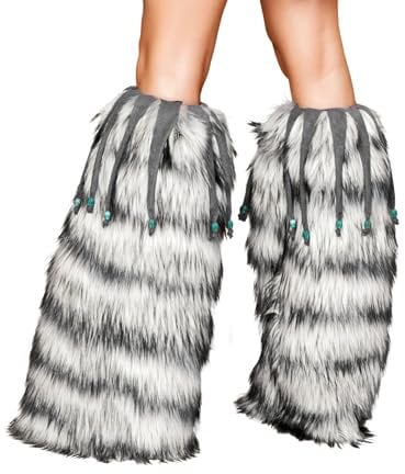 Maskworld Fellstulpen grau-weiß mit perlenbesetzten Fransen - Legwarmer mit Fellbesatz - Kostüm-Zubehör Karneval, Halloween & Motto-Party