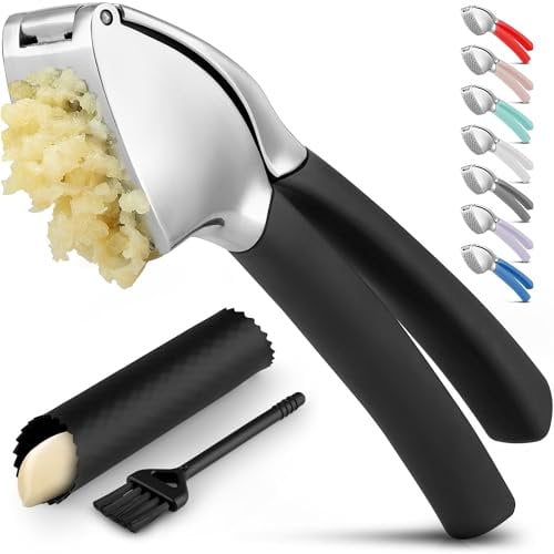 Zulay Kitchen Knoblauchpresse mit Komfortgriff, Knoblauchpresse – Knoblauchpresse – Knoblauchpresse Fleischwolf rostfrei, mit weichem ergonomischem Griff, leicht zu reinigendes Set mit Schäler und