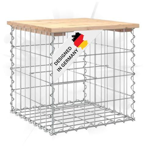 DELUKE Gartenbank Gabionen BIKS aus Stahl | 43x44x42cm Kiefernholz Natur | Gabionenbank Gartentisch aus Gabionen Steinkorb Gabionengitter Ziergabione Drahtkorb befüllbar