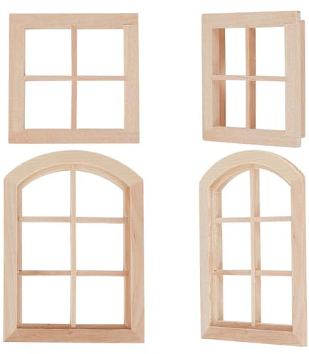 OLYCRAFT 4 Stück Puppenhausfenster Im 2-Stil Maßstab 1/12 Mini-Holzfenster Miniatur-Rundkopf 6-Scheiben/4-Scheiben-Fensterrahmen Für Puppenhaus-Fotografie-Requisitenzubehör