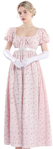 CR ROLECOS Robe victorienne régence pour femme, robe de bal Bridgerton bouffante avec gants, Fleur rose., XXL