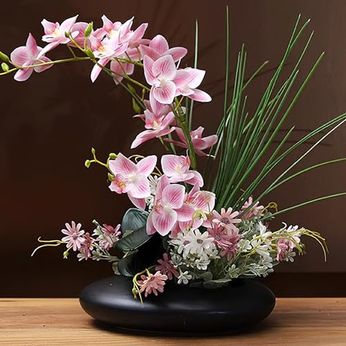 SYDDOL 17 Künstliche Orchideen im Topf, dekorativer Orchideen-Bonsai mit Real-Touch-Technologie, künstliche/falsche Orchideen, die echt Aussehen, für Tischdekorationen (Pink + Schwarzer Topf)