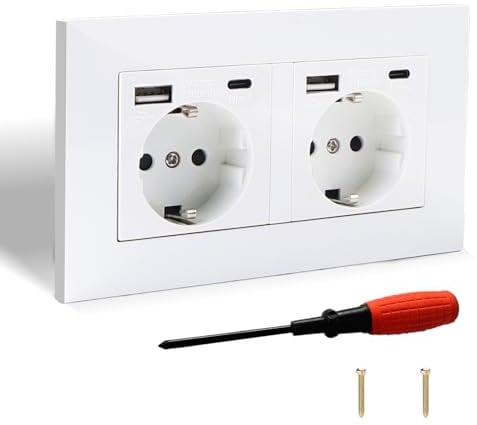 ZIGefofo 1 Double Prise Encastrable USB + Type C avec 1 Tournevis Prise Double Blanc 110V-250V/16A (USB 5V 2.1A) Prise Murale Encastrée Contact de Protection pour Remplacement, l'installation