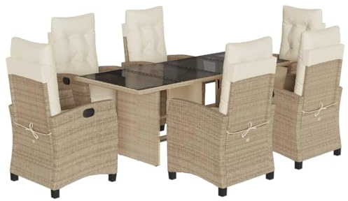 vidaXL 7-TLG. Garten-Essgruppe mit Kissen Beige Poly Rattan