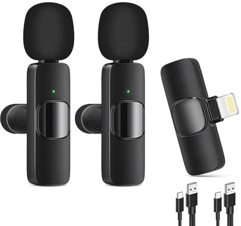Wireless Lavalier Microphone for Lightning Port, Mini Microphone 2-in-1 Plug-Play Lapel Clip-On Mic with Noise Reduction for Video Recording, Podcast, Live Streaming, Vlog, YouTube, TikTok (2 Mics)